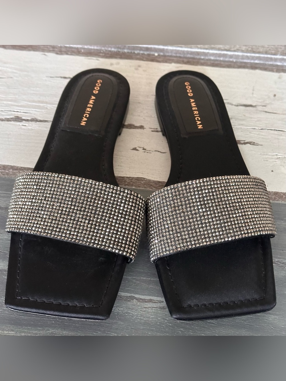 Good American Rhinestone Slide Sandals Black Crystal Embellished Size 9
